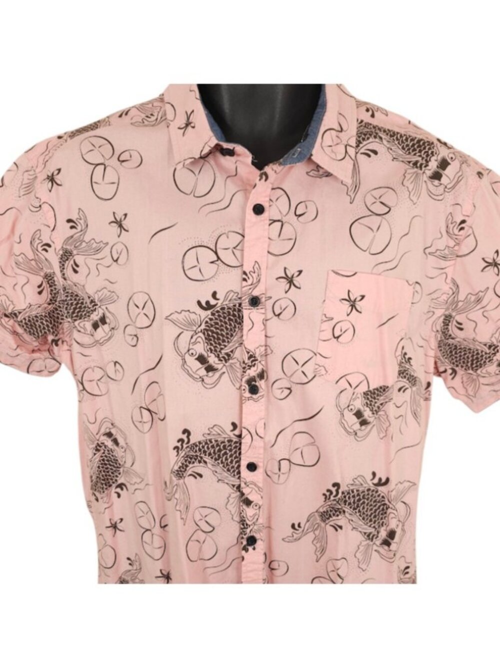 Koi Fish Shirt Mens Size Large Slim Fit Pink All Over Print Camp Five Points